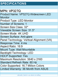 ASUS VP327Q 32" Class 4K UHD LED Monitor - 16:9 - LED Backlight - 3840 x 2160