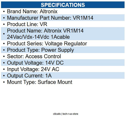 Altronix VR1M14 Voltage Regulator, 24VAC/VDC 14VDC at 1A Cable