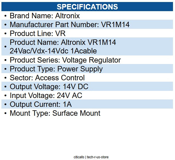 Altronix VR1M14 Voltage Regulator, 24VAC/VDC 14VDC at 1A Cable