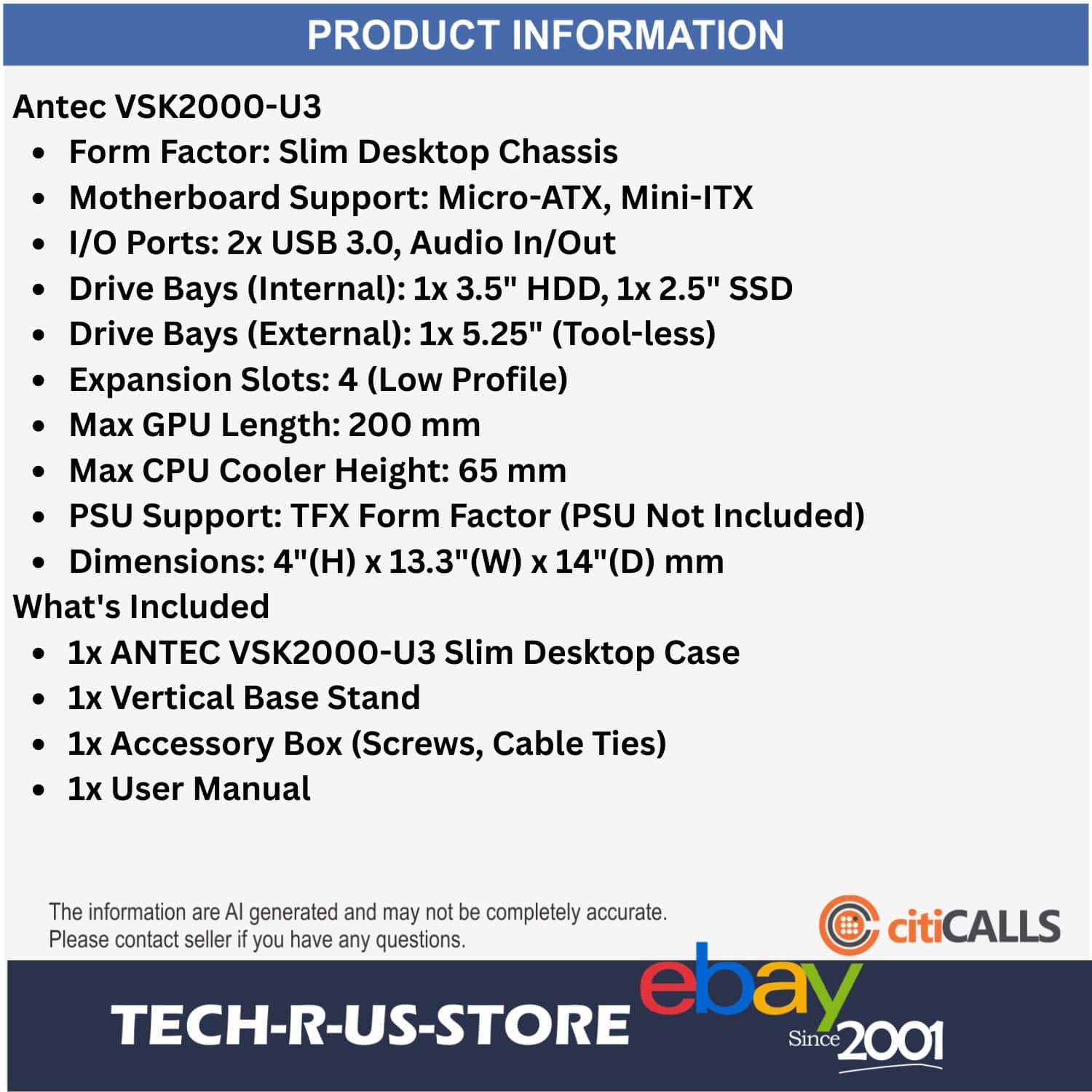 ANTEC VSK2000-U3 Black Slim Micro-ATX Mini-ITX Desktop PC Computer Case Black