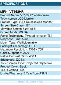 ASUS VT168HR 16" Class LCD Touchscreen Monitor - 16:9 - 5 ms - 1366 x 768
