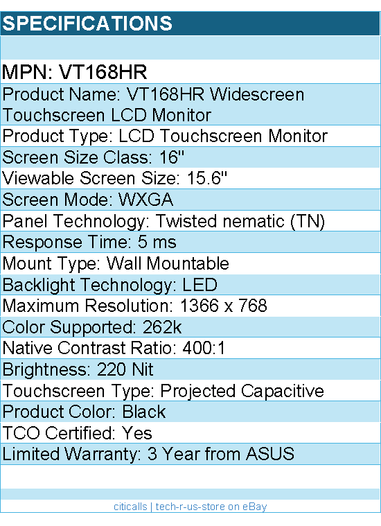 ASUS VT168HR 16" Class LCD Touchscreen Monitor - 16:9 - 5 ms - 1366 x 768