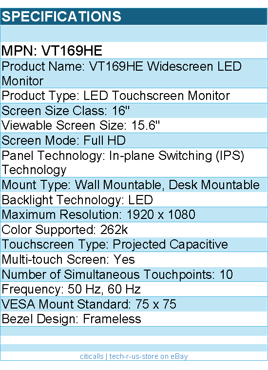 ASUS VT169HE 16" Class LED Touchscreen Monitor - 16:9 - 5 ms - Full HD