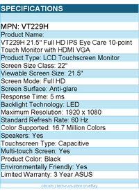 ASUS VT229H 22" Class LCD Touchscreen Monitor - 16:9 - 5 ms - Full HD