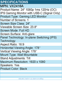 ViewSonic VX2416A 24 Inch 1080p 1ms 120Hz IPS Gaming Monitor with Eye Care