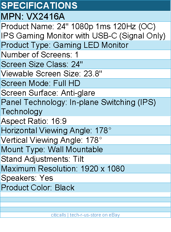 ViewSonic VX2416A 24 Inch 1080p 1ms 120Hz IPS Gaming Monitor with Eye Care