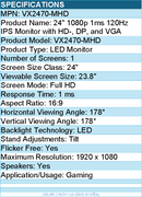 ViewSonic VX2470-MHD 24 Inch 1080p IPS Monitor with 120Hz, 1ms