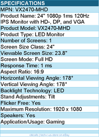 ViewSonic VX2470-MHD 24 Inch 1080p IPS Monitor with 120Hz, 1ms