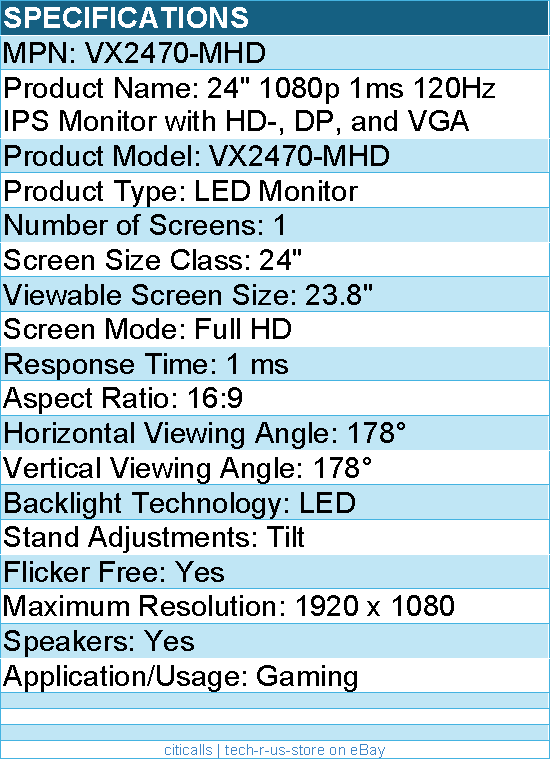 ViewSonic VX2470-MHD 24 Inch 1080p IPS Monitor with 120Hz, 1ms