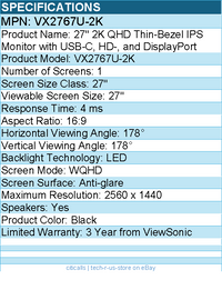 ViewSonic VX2767U-2K 27 Inch 1440p IPS Monitor with 65W USB C, HDR10