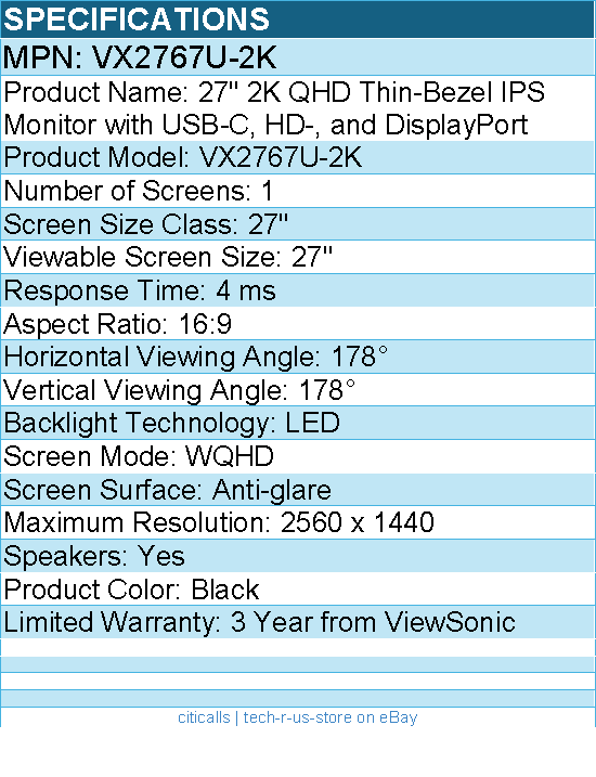 ViewSonic VX2767U-2K 27 Inch 1440p IPS Monitor with 65W USB C, HDR10