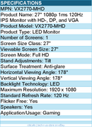ViewSonic VX2770-MHD 27 Inch 1080p IPS Monitor with 120Hz, 1ms - Full HD