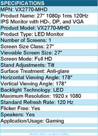 ViewSonic VX2770-MHD 27 Inch 1080p IPS Monitor with 120Hz, 1ms - Full HD
