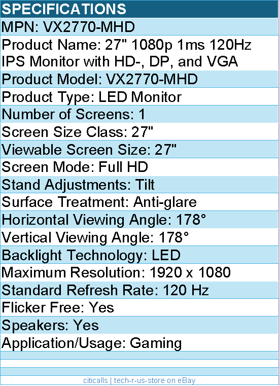 ViewSonic VX2770-MHD 27 Inch 1080p IPS Monitor with 120Hz, 1ms - Full HD
