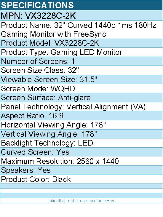 ViewSonic VX3228C-2K 32 Inch 1440p Curved Gaming Monitor with FreeSync, Eye Care
