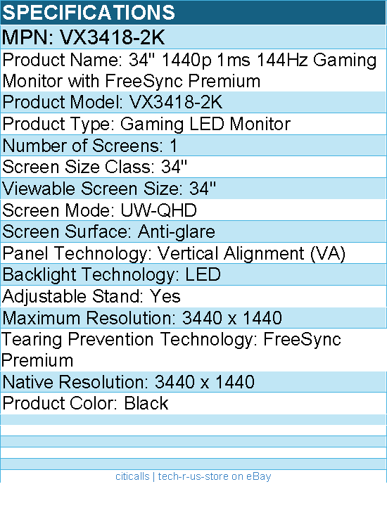 ViewSonic VX3418-2K 34" 21:9 1440p 1ms 165Hz Gaming Monitor with Eye Care