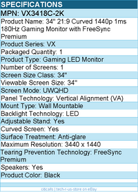 ViewSonic VX3418C-2K 34 Inch UltraWide QHD 1440p Curved Gaming Monitor