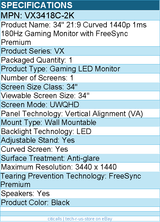 ViewSonic VX3418C-2K 34 Inch UltraWide QHD 1440p Curved Gaming Monitor