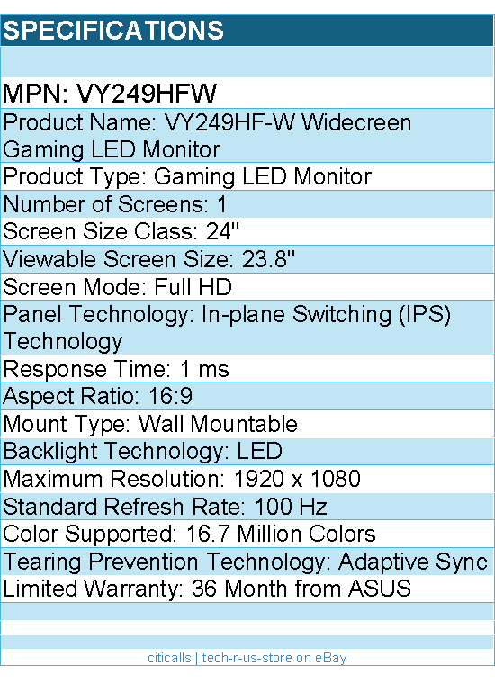 ASUS VY249HF-W 24" Class Full HD Gaming LED Monitor - 16:9 - White