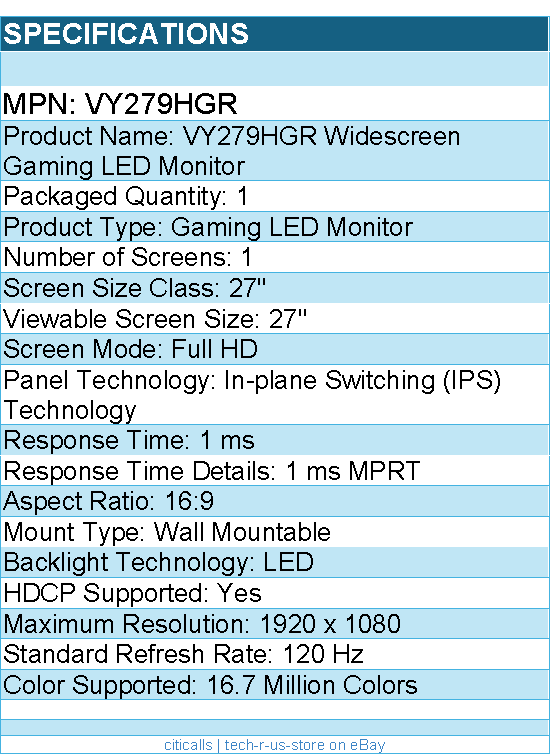 ASUS VY279HGR 27" Class Full HD Gaming LED Monitor - 16:9 - 1920 x 1080