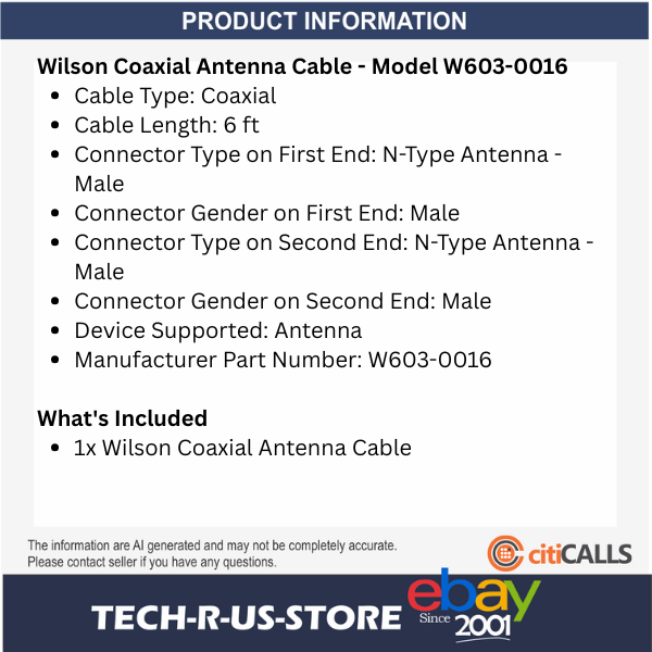 Wilson W603-0016 6 ft Coaxial Antenna Cable N-Male for N-Male Type Antenna