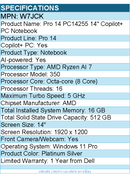 Dell W7JCK Pro 14 PC14255 14" Copilot+ PC Notebook - Full HD Plus