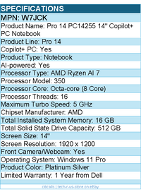 Dell W7JCK Pro 14 PC14255 14" Copilot+ PC Notebook - Full HD Plus