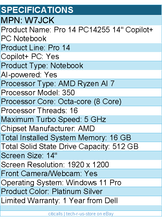 Dell W7JCK Pro 14 PC14255 14" Copilot+ PC Notebook - Full HD Plus