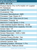 Dell W7JCK Pro 14 PC14255 14" Copilot+ PC Notebook -Full HD -Platinum Silver