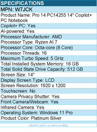 Dell W7JCK Pro 14 PC14255 14" Copilot+ PC Notebook -Full HD -Platinum Silver