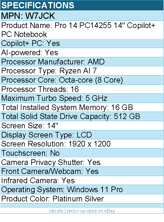 Dell W7JCK Pro 14 PC14255 14" Copilot+ PC Notebook -Full HD -Platinum Silver