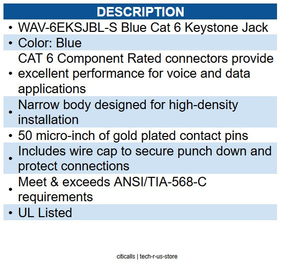 Wavenet WAV-6EKSJBL-25PK CAT6 JACK SDJ SERIES BLUE 25 PACK