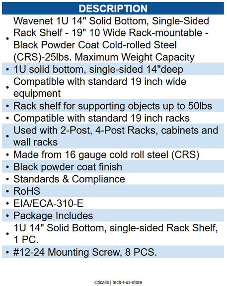 Wavenet WAV-SHELF-14SSV-1U RACK SHELF- 14in SINGLE-SIDED VENTED- 1U