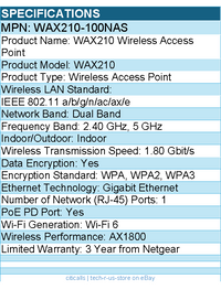 Netgear WAX210-100NAS WAX210 Dual Band Wi-Fi 6 - Wireless Access Point