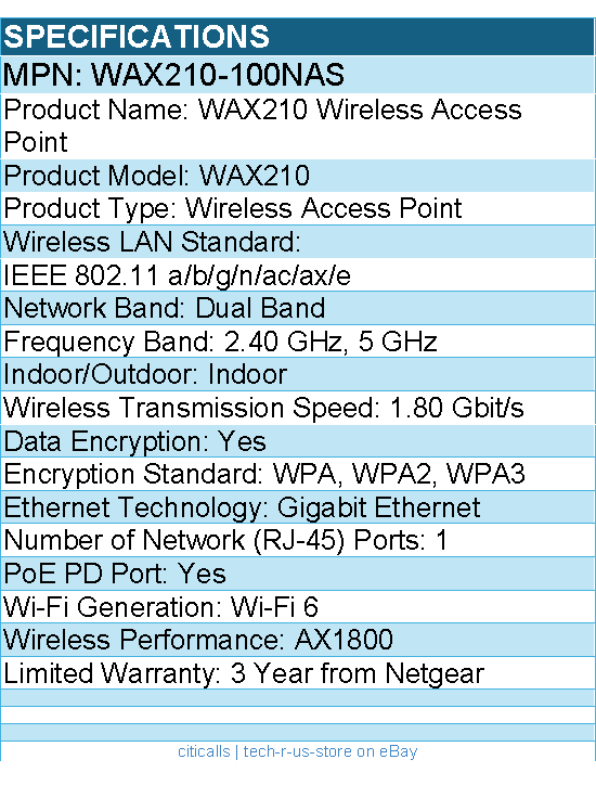 Netgear WAX210-100NAS WAX210 Dual Band Wi-Fi 6 - Wireless Access Point