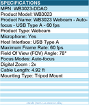 Dell WB3023-DDAO WB3023 Webcam - Auto-focus - USB Type A - 60 fps