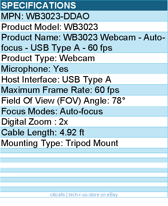 Dell WB3023-DDAO WB3023 Webcam - Auto-focus - USB Type A - 60 fps
