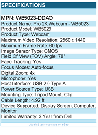 Dell WB5023-DDAO WB5023 Webcam - 60 fps - USB 2.0 Type A - 2560 x 1440 Video