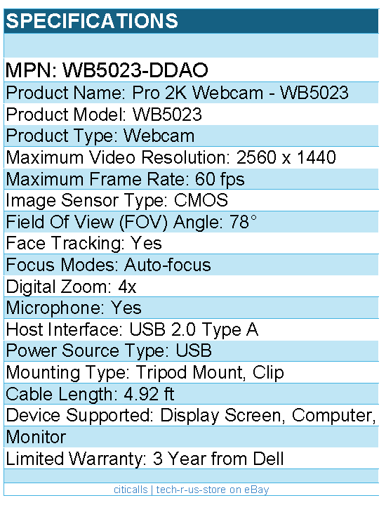 Dell WB5023-DDAO WB5023 Webcam - 60 fps - USB 2.0 Type A - 2560 x 1440 Video