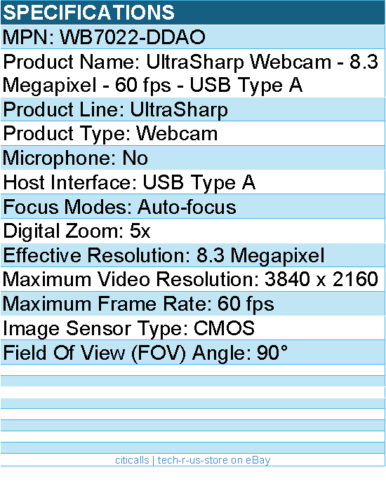 Dell WB7022-DDAO UltraSharp Webcam - 8.3 Megapixel - 60 fps - USB Type A