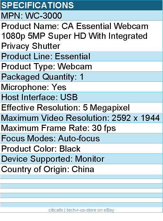 Cyber Acoustics WC-3000 Essential Webcam - 5 Megapixel - 30 fps - Black