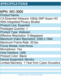 Cyber Acoustics WC-3000 Essential Webcam - 5 Megapixel - 30 fps - Black - USB