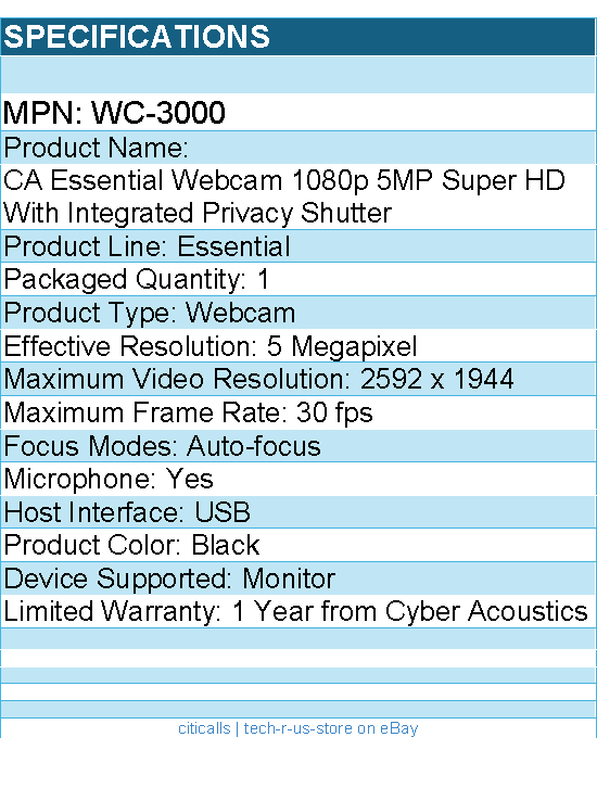 Cyber Acoustics WC-3000 Essential Webcam - 5 Megapixel - 30 fps - Black - USB