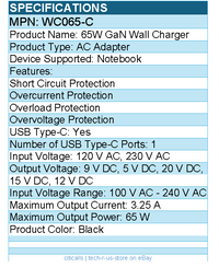 Codi WC065-C 65W GaN Wall Charger with USB-C Port and Cable - Black