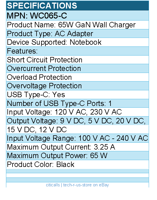 Codi WC065-C 65W GaN Wall Charger with USB-C Port and Cable - Black