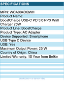 Belkin WCA004dqWH 25W Portable USB-C Wall Charger - 1xUSB-C - Fast Charging
