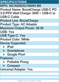 Belkin WCA005DQ1MWH-B6 30W USB-C PD 3.0 PPS Wall Charger + 3.3ft USB-C to USB-C