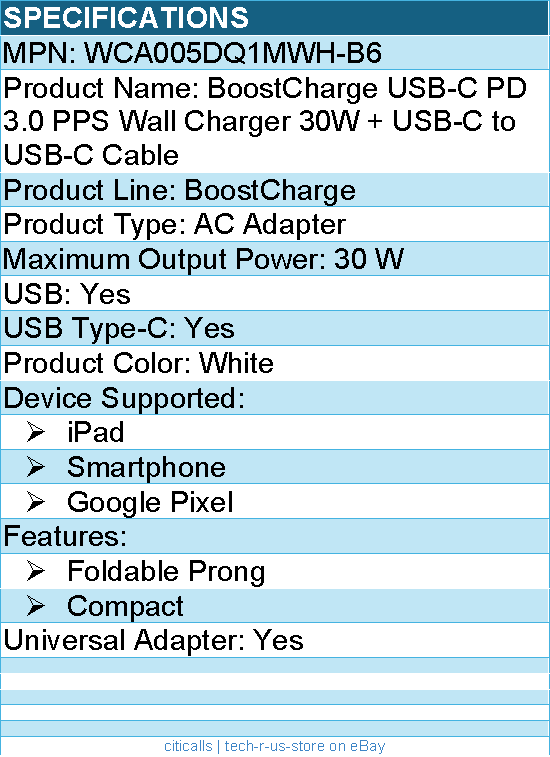 Belkin WCA005DQ1MWH-B6 30W USB-C PD 3.0 PPS Wall Charger + 3.3ft USB-C to USB-C