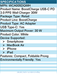 Belkin WCA005DQWH BoostCharge USB-C PD 3.0 PPS Wall Charger 30W - Power Adapter