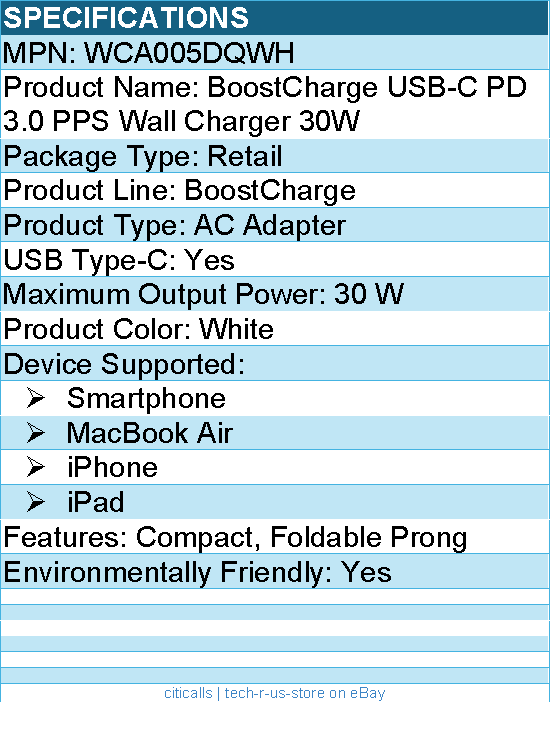 Belkin WCA005DQWH BoostCharge USB-C PD 3.0 PPS Wall Charger 30W - Power Adapter